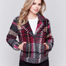 Short, multicolored plaid wool coat with a lapel notch collar and front welt pockets by Charlie B.