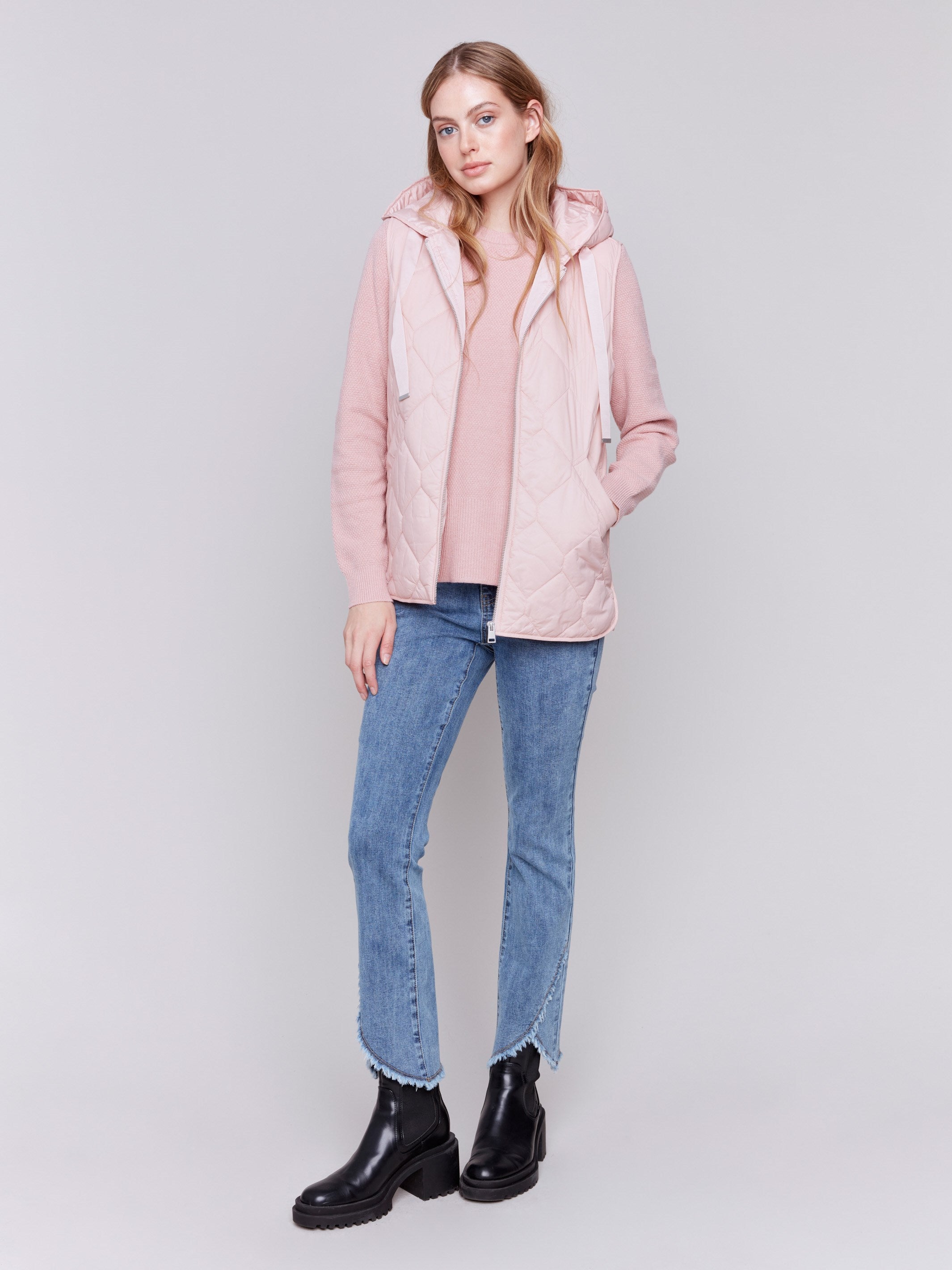 Quartz pink short quilted puffer vest with hood, featuring a zippered front and side pockets by Charlie B.