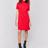 Cranberry red short-sleeve mock neck sweater dress with side slits by Charlie B.