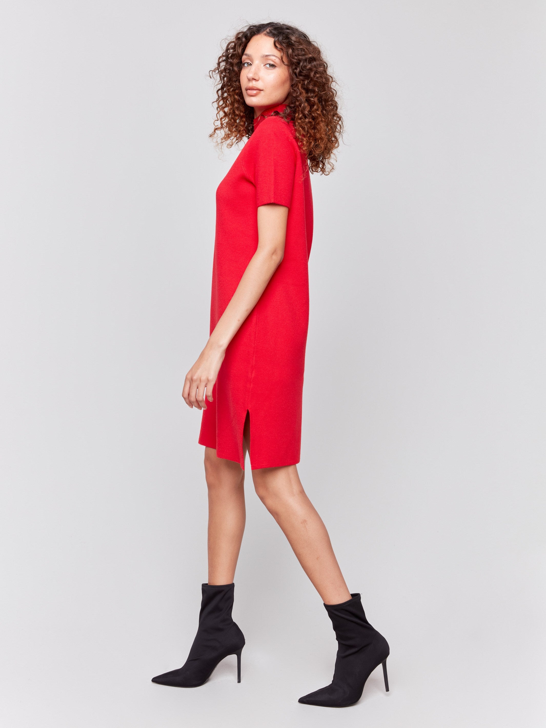 Cranberry red short-sleeve mock neck sweater dress with side slits by Charlie B.