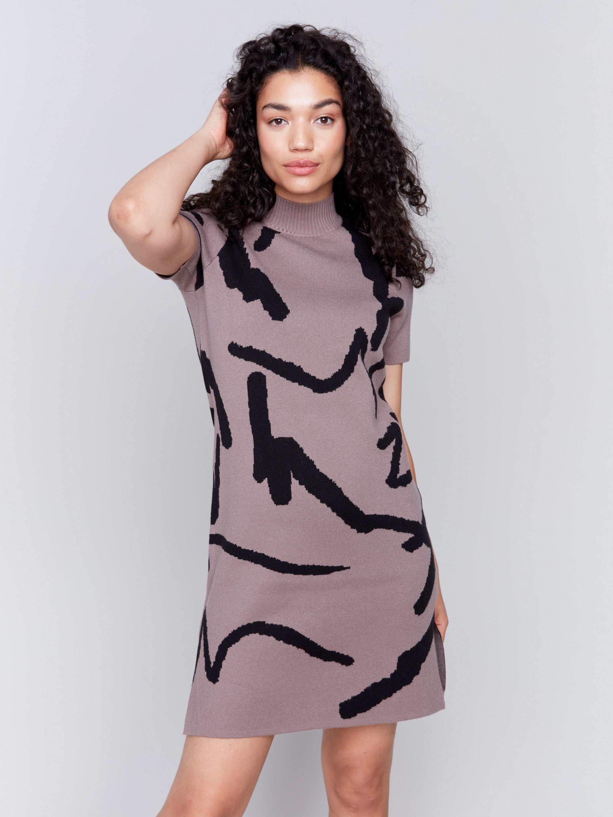 Short-Sleeve Mock Neck Sweater Dress with abstract scribble pattern in black on taupe background by Charlie B.