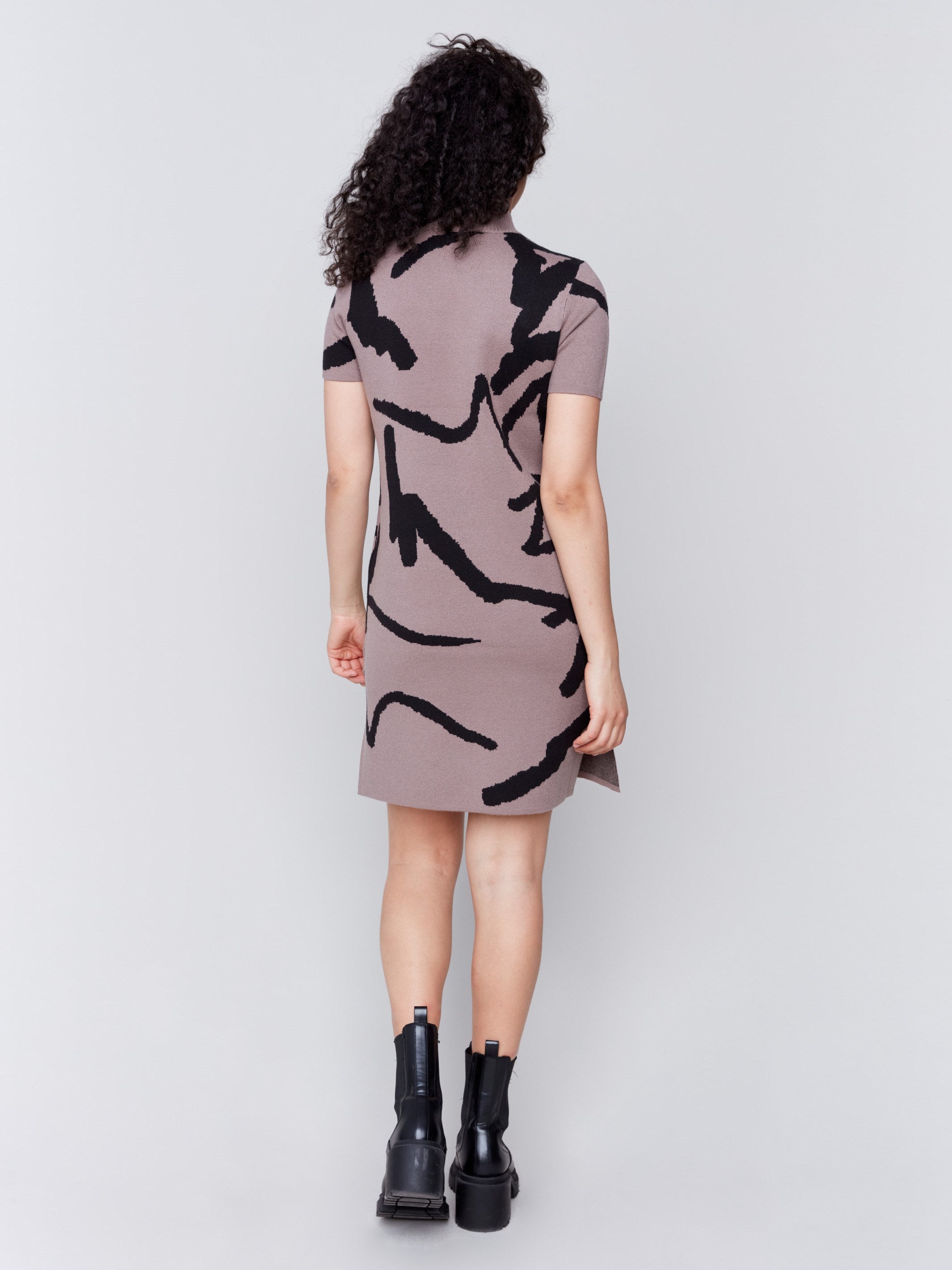 Short-Sleeve Mock Neck Sweater Dress with abstract scribble pattern in black on taupe background by Charlie B.