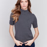 Heather charcoal short sleeve mock neck sweater with ribbed cuffs and hem by Charlie B.