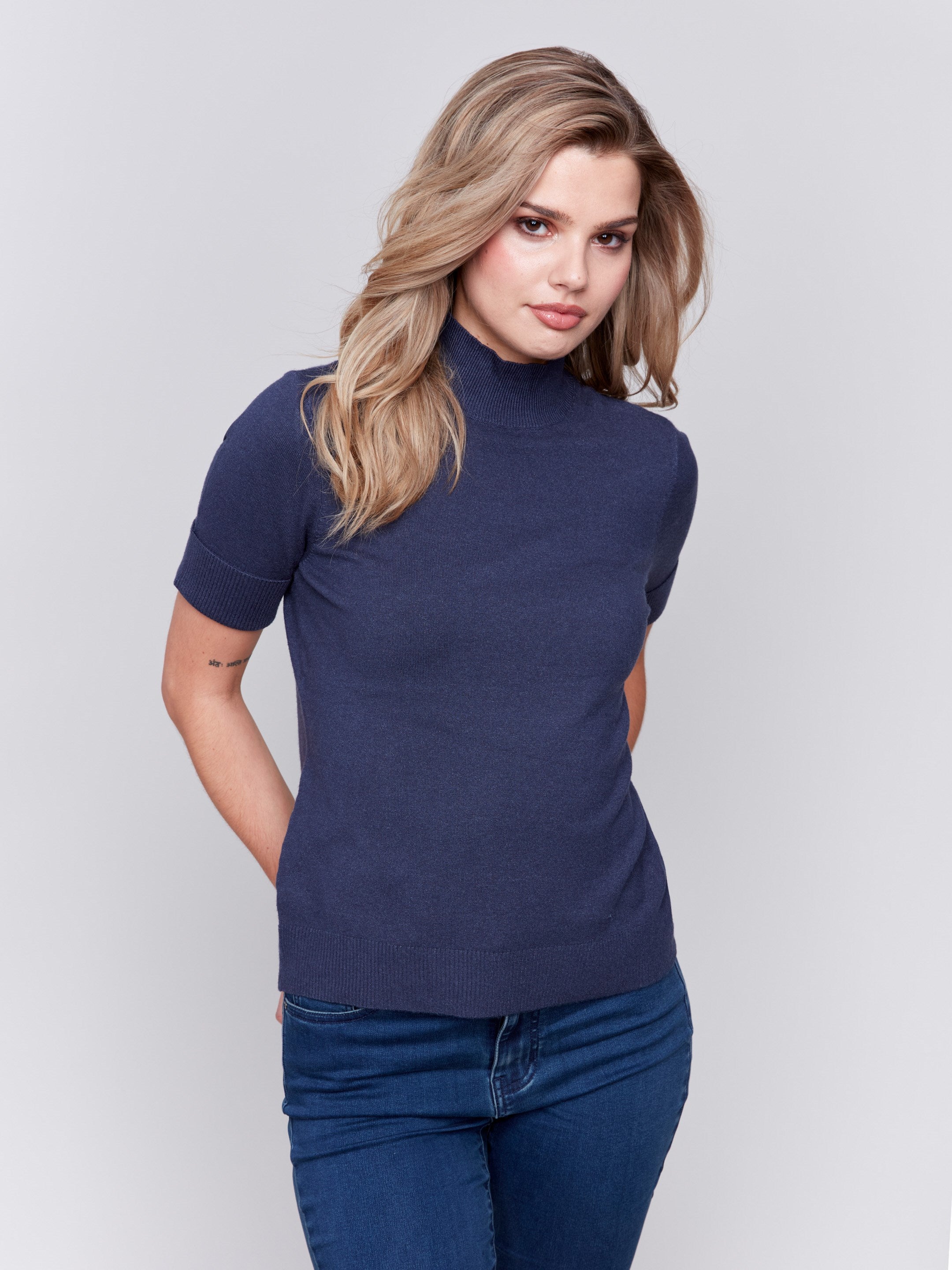 Heather denim short sleeve mock neck sweater with ribbed cuffs and hem by Charlie B.