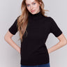 Black short sleeve mock neck sweater with ribbed cuffs and hem by Charlie B.