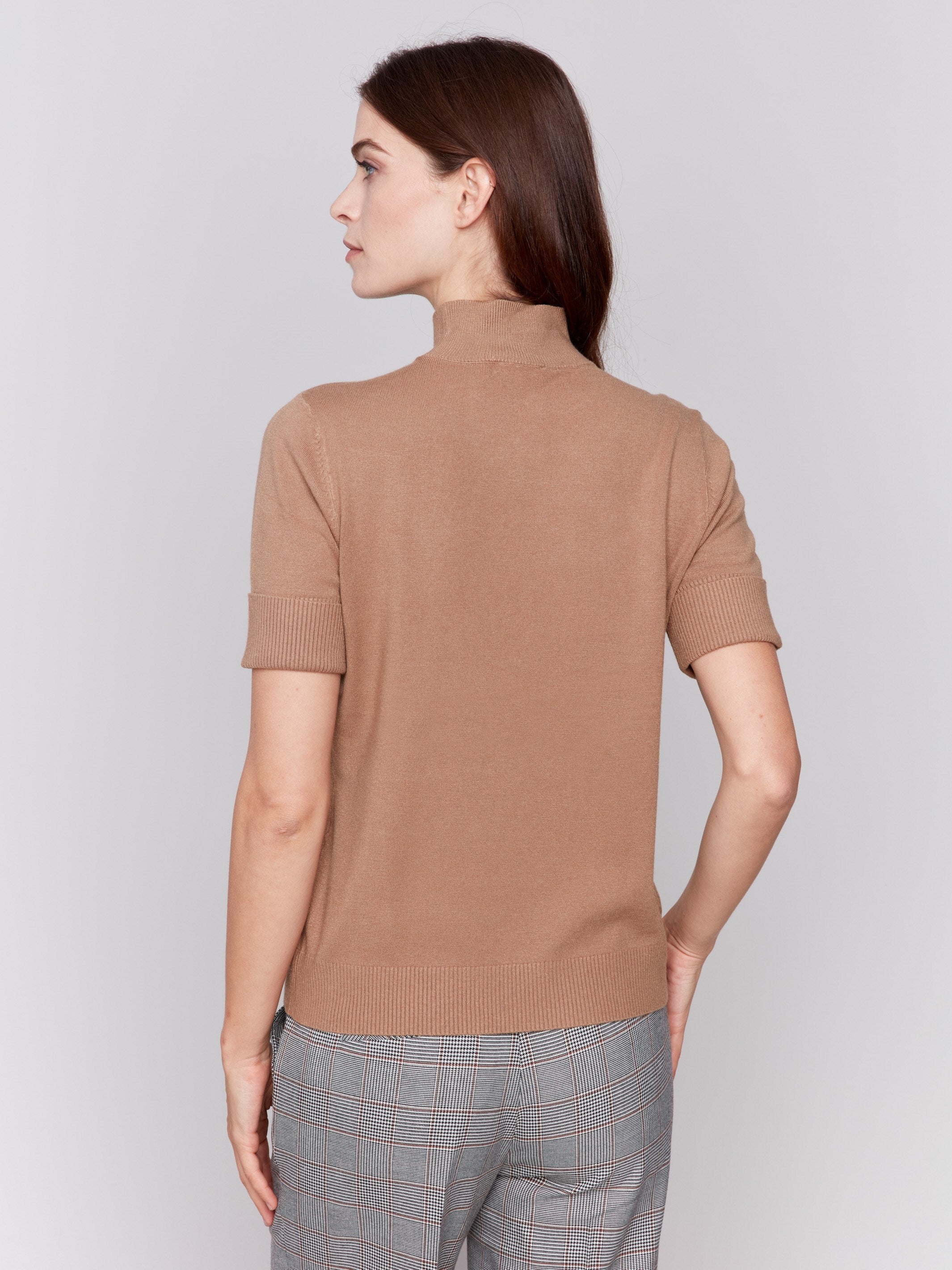 Truffle short sleeve mock neck sweater with ribbed cuffs and hem by Charlie B.