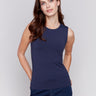 Navy blue sleeveless super stretch top with a crew neckline by Charlie B.