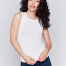 Natural white sleeveless super stretch top with a crew neckline by Charlie B.