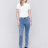 Medium blue jeans with slim leg featuring side rose details and side slits by Charlie B.