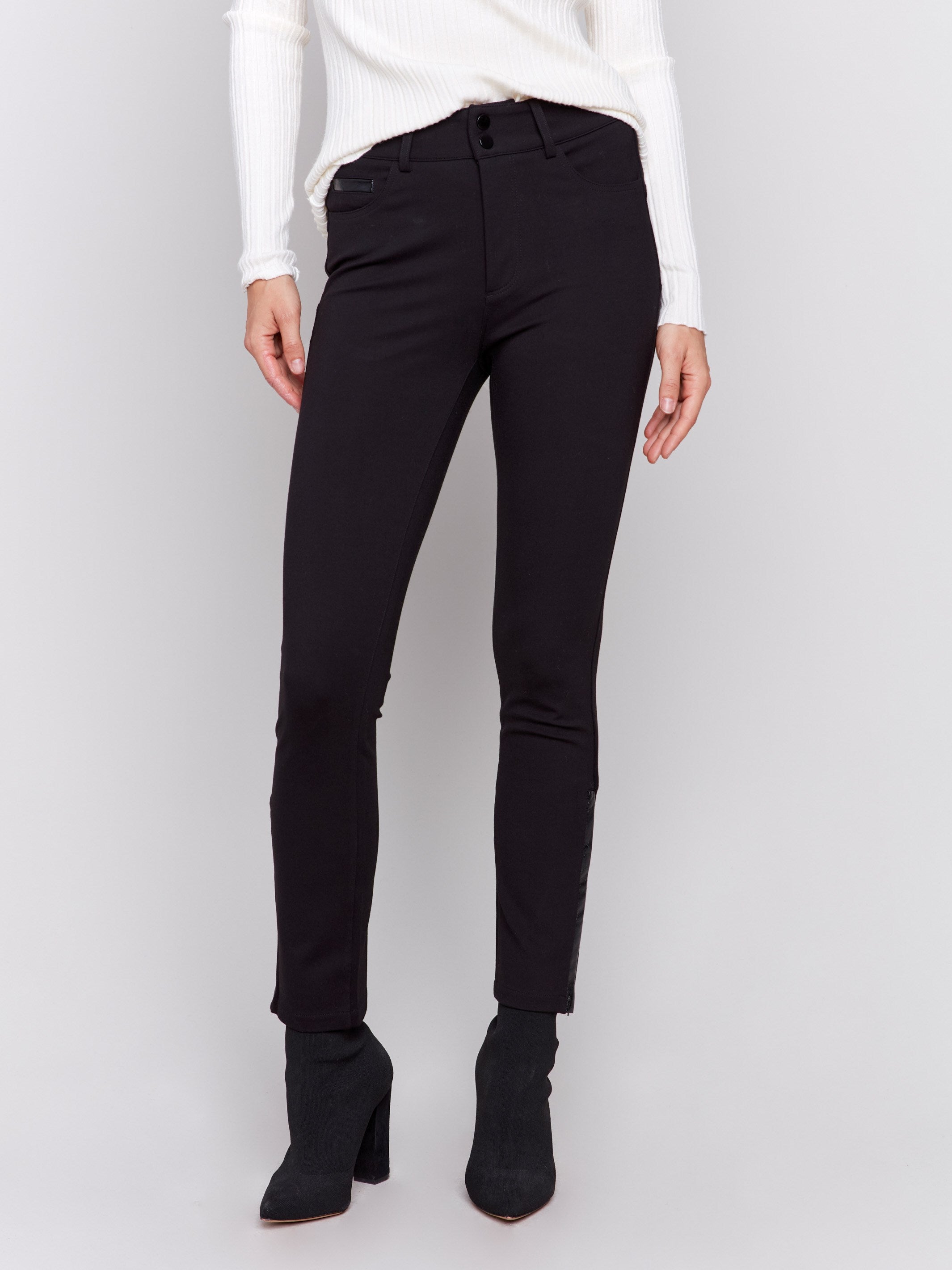 Slim ponte black pants with side vinyl detail, featuring front and back pockets by Charlie B.