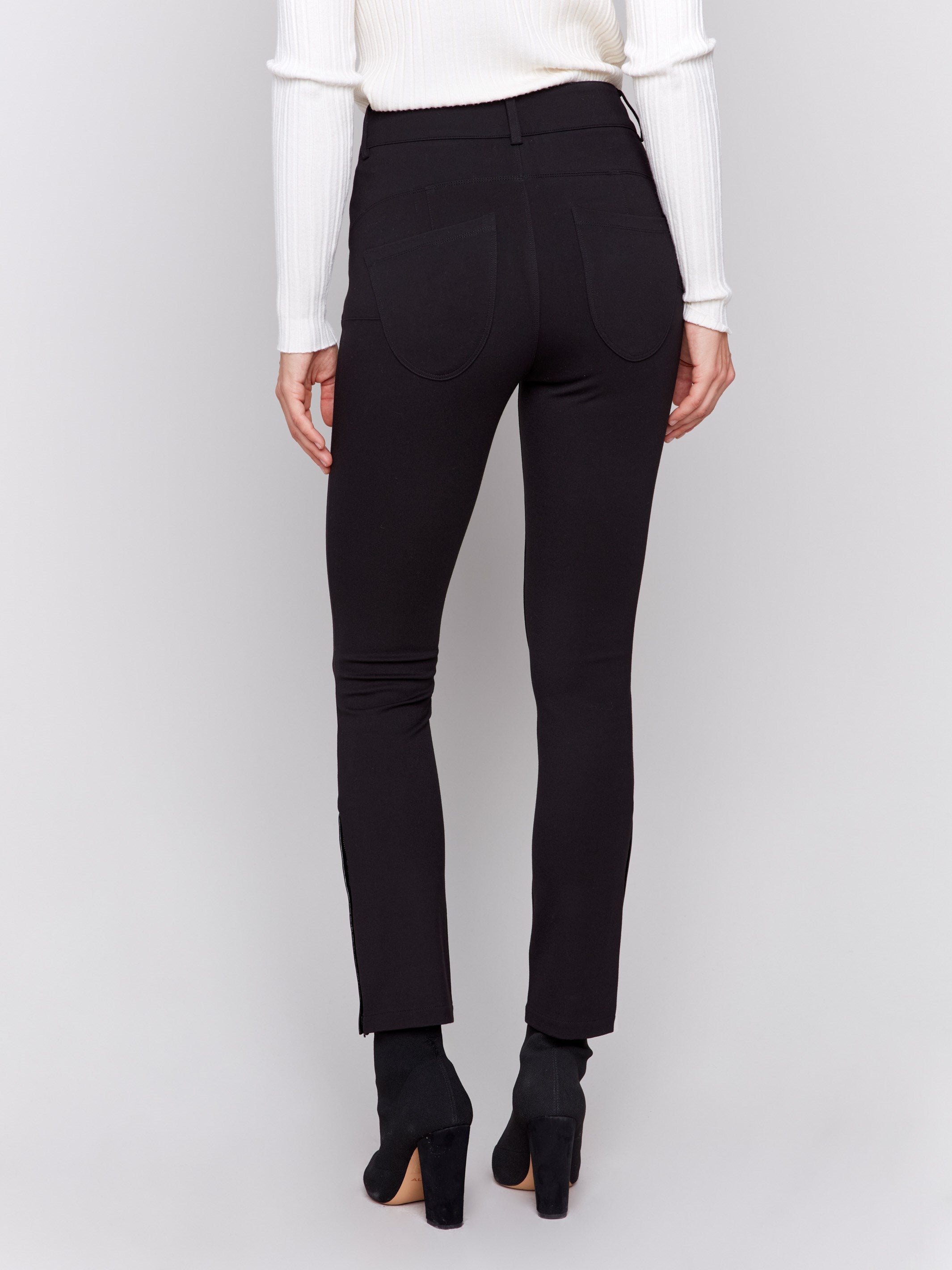 Slim ponte black pants with side vinyl detail, featuring front and back pockets by Charlie B.