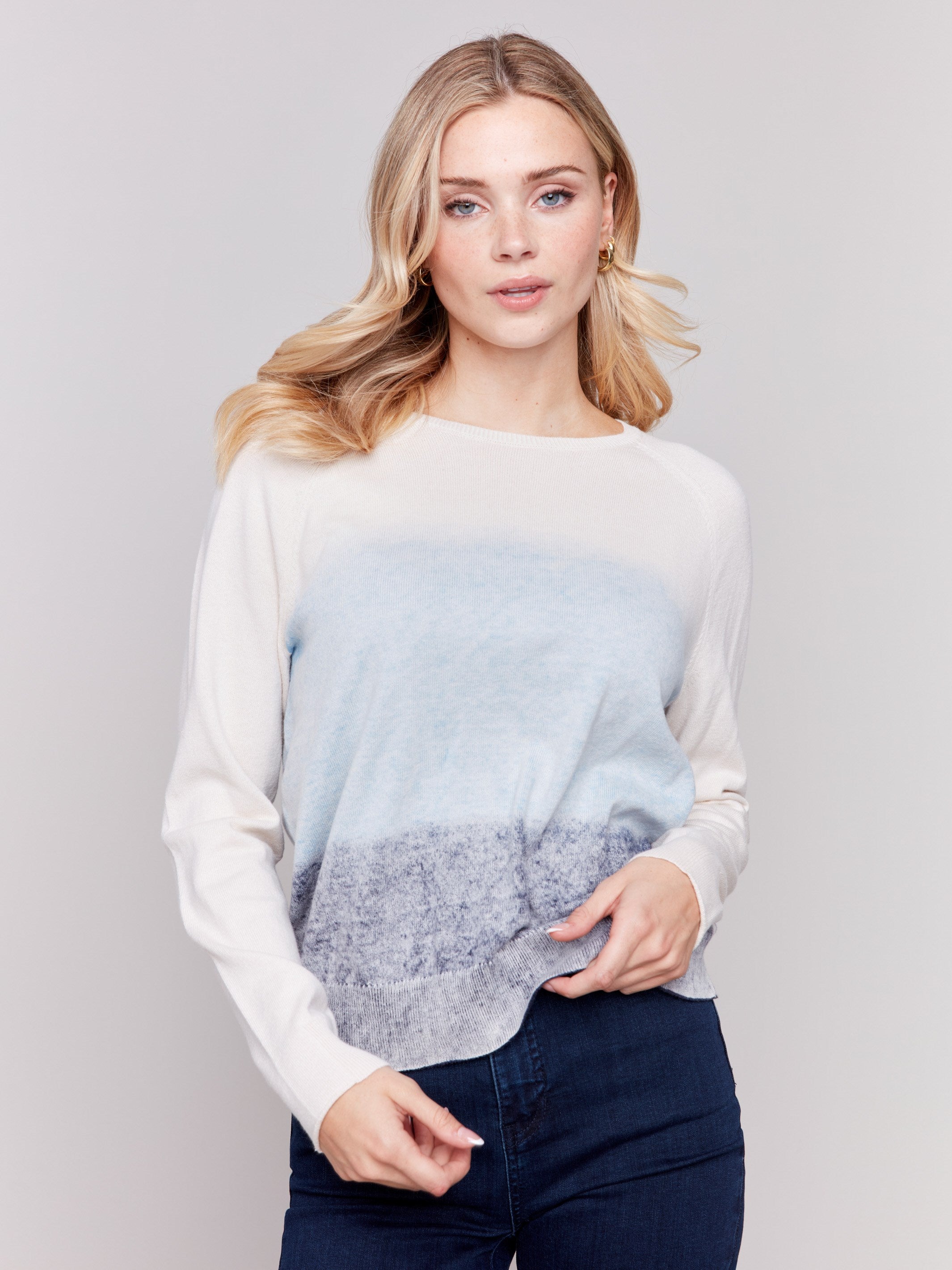 Frost-colored knit sweater with a snow wash gradient effect, long raglan sleeves, and crew neckline by Charlie B.