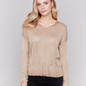 Truffle brown V-neck sweater with long sleeves, showcasing a relaxed fit and snow wash texture by Charlie B.