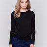 Black long-sleeve jersey top featuring a crew neckline and a unique front knot detail by Charlie B.