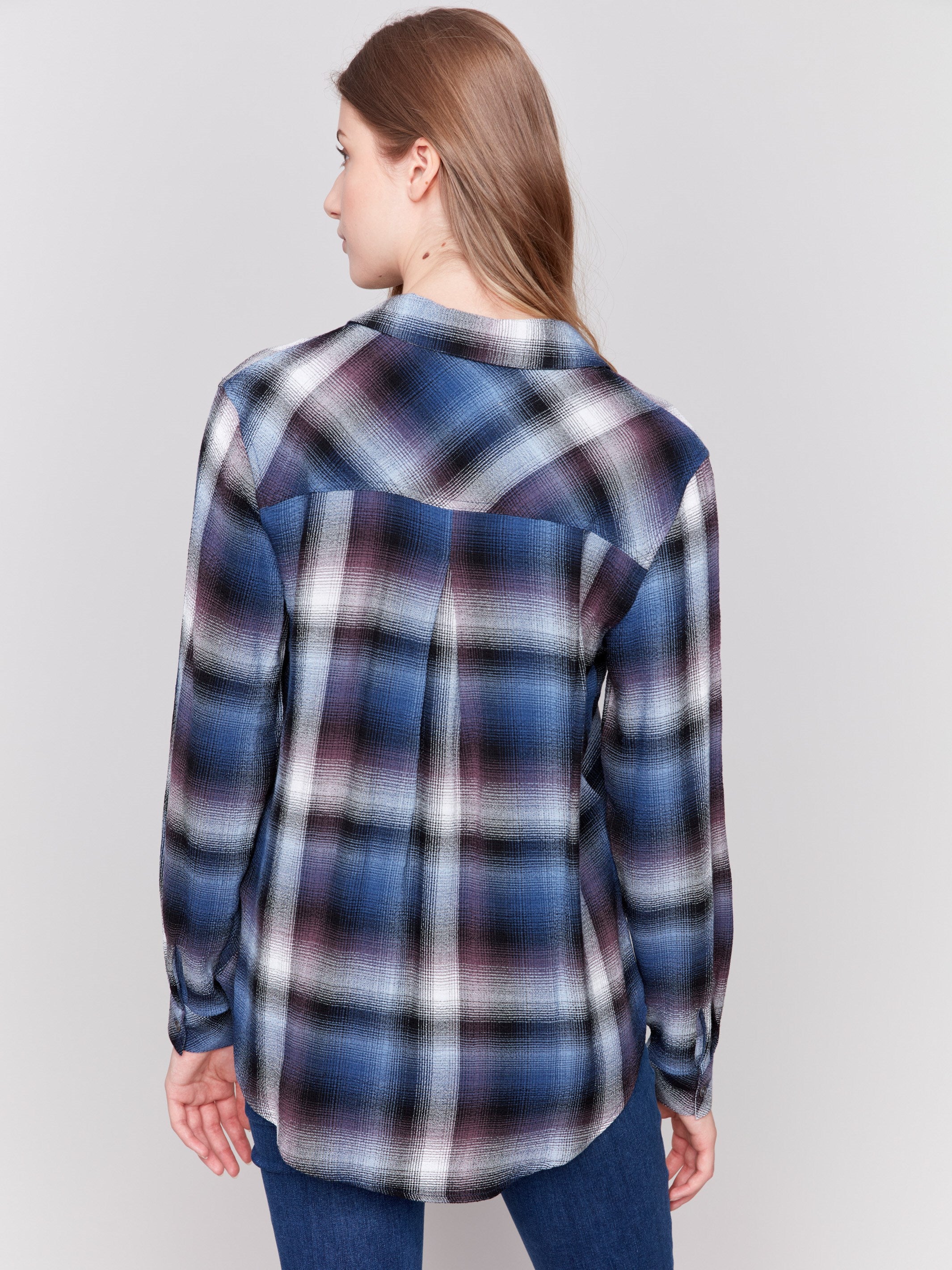 Soft plaid button-down shirt in frost color with front chest pockets and long sleeves by Charlie B.