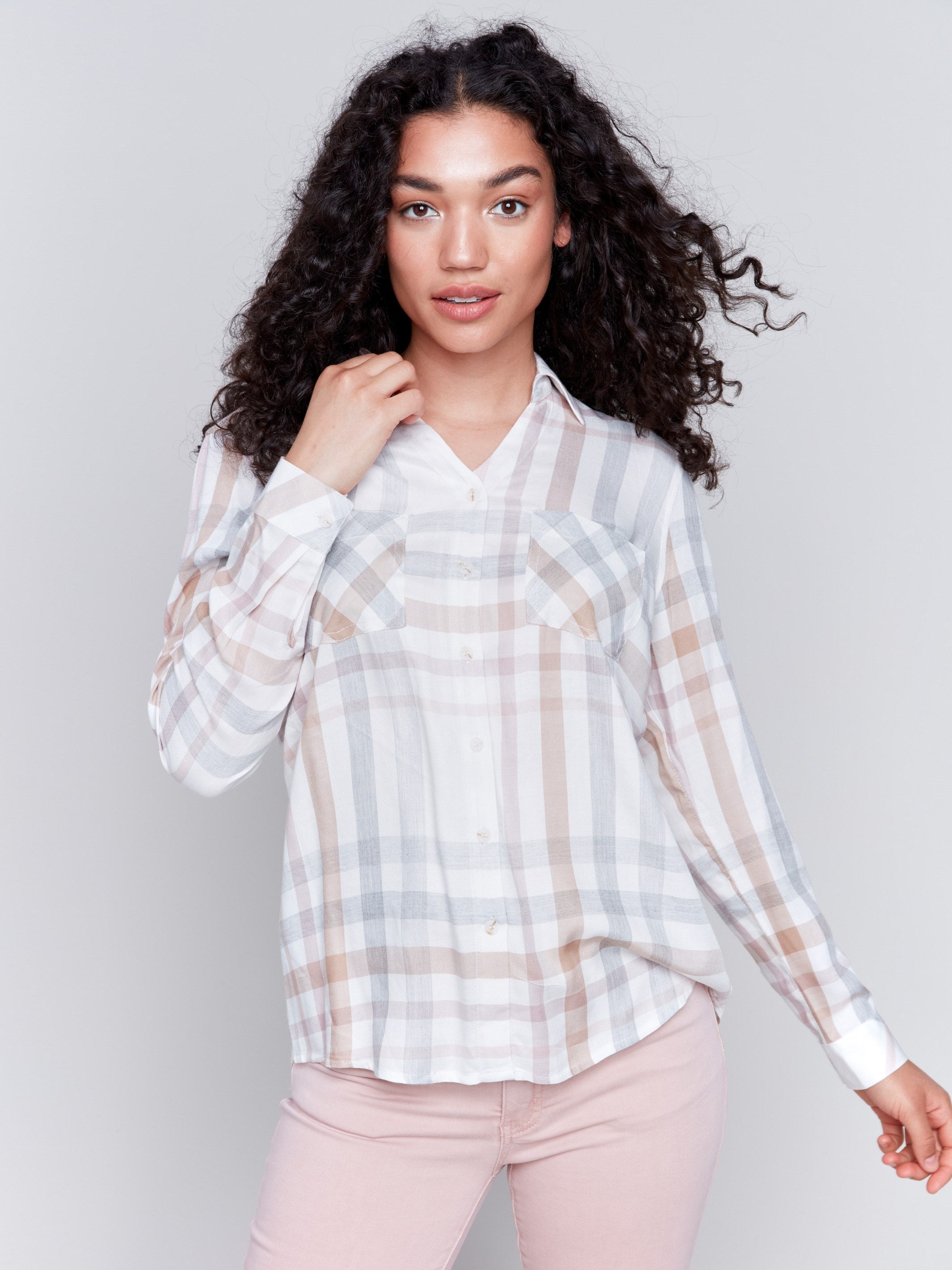 Plaid button-down shirt in Quartz featuring front chest pockets and button-down collar by Charlie B.