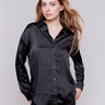 Black solid satin button-down shirt with long sleeves, shirt collar, and a smooth finish by Charlie B.