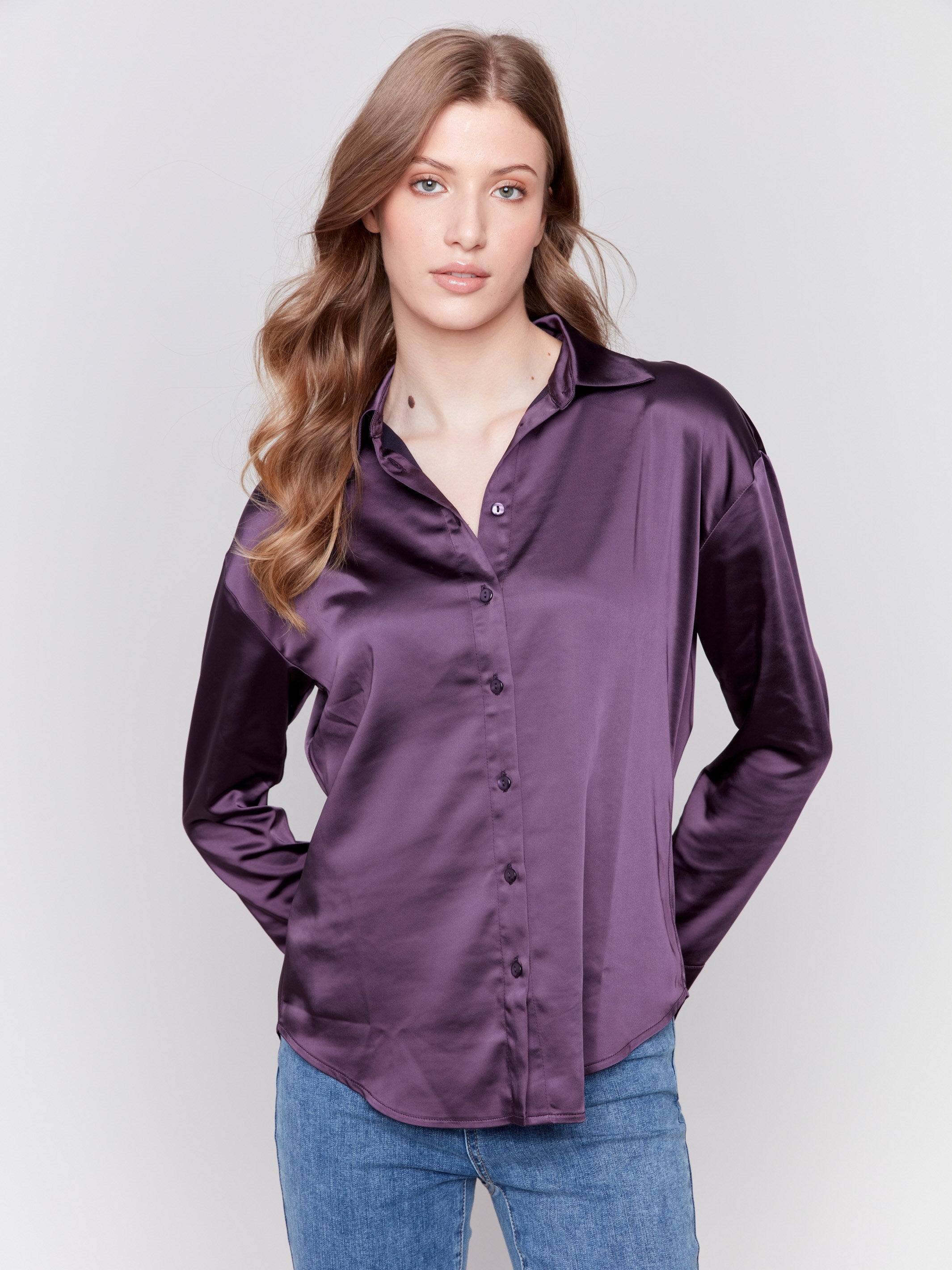 Plum purple solid satin button-down shirt with long sleeves, shirt collar, and a smooth finish by Charlie B.