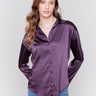 Plum purple solid satin button-down shirt with long sleeves, shirt collar, and a smooth finish by Charlie B.