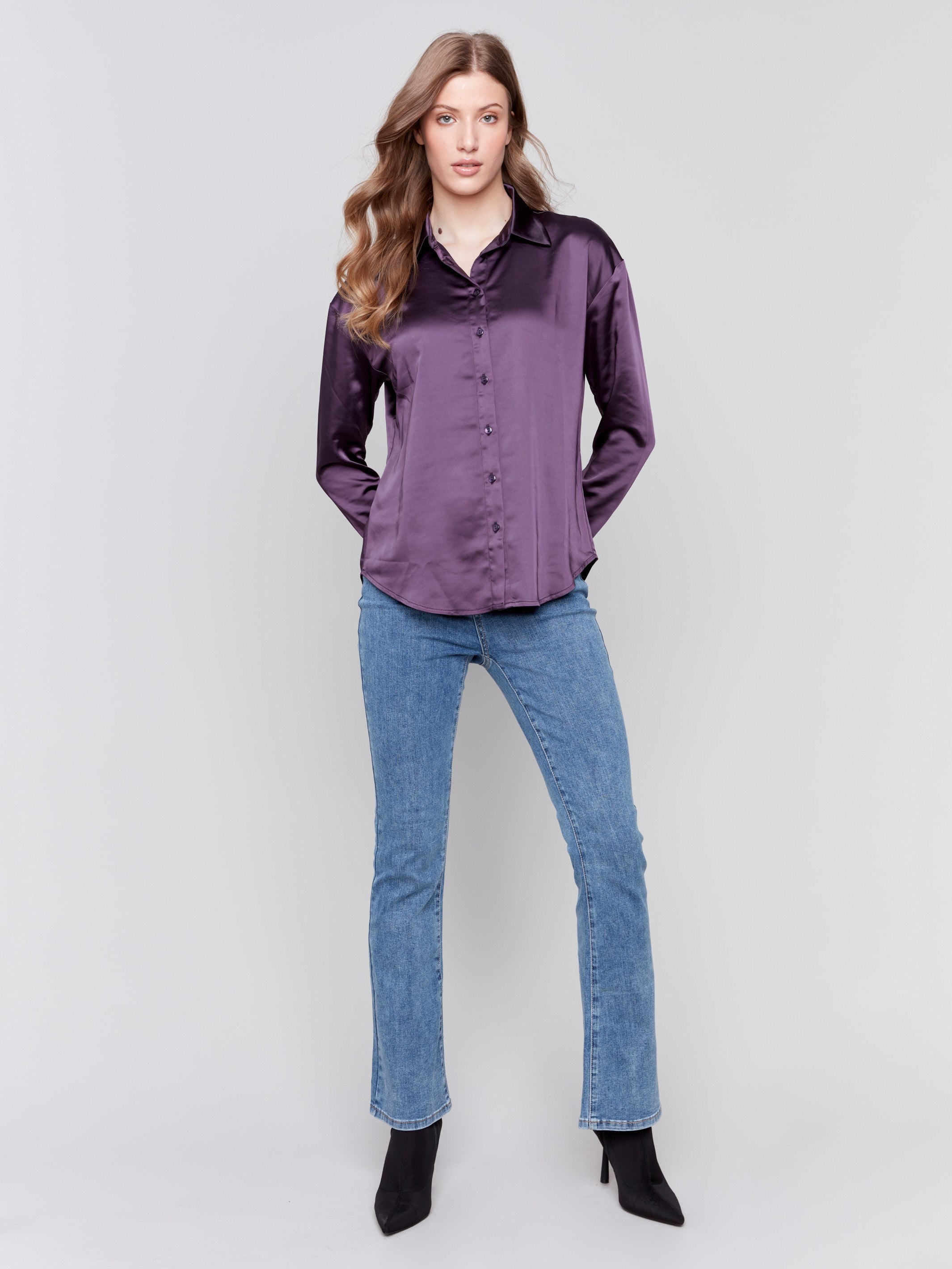 Plum purple solid satin button-down shirt with long sleeves, shirt collar, and a smooth finish by Charlie B.