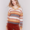 Amber-colored sweater with a subtle V-neck and a striped pattern made of eyelash yarn by Charlie B.