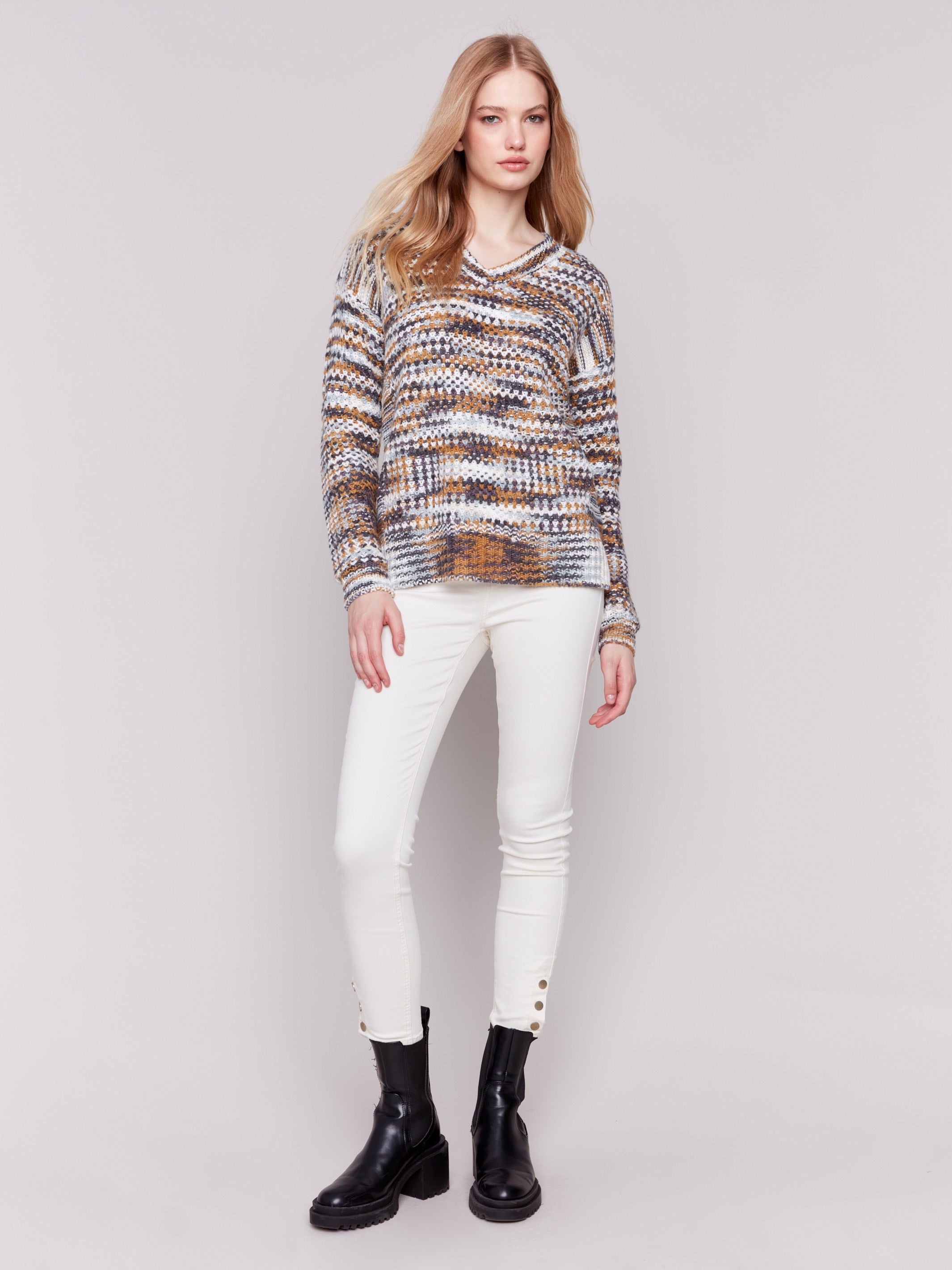 Colorful denim-toned space dye V-neck sweater with long sleeves by Charlie B.