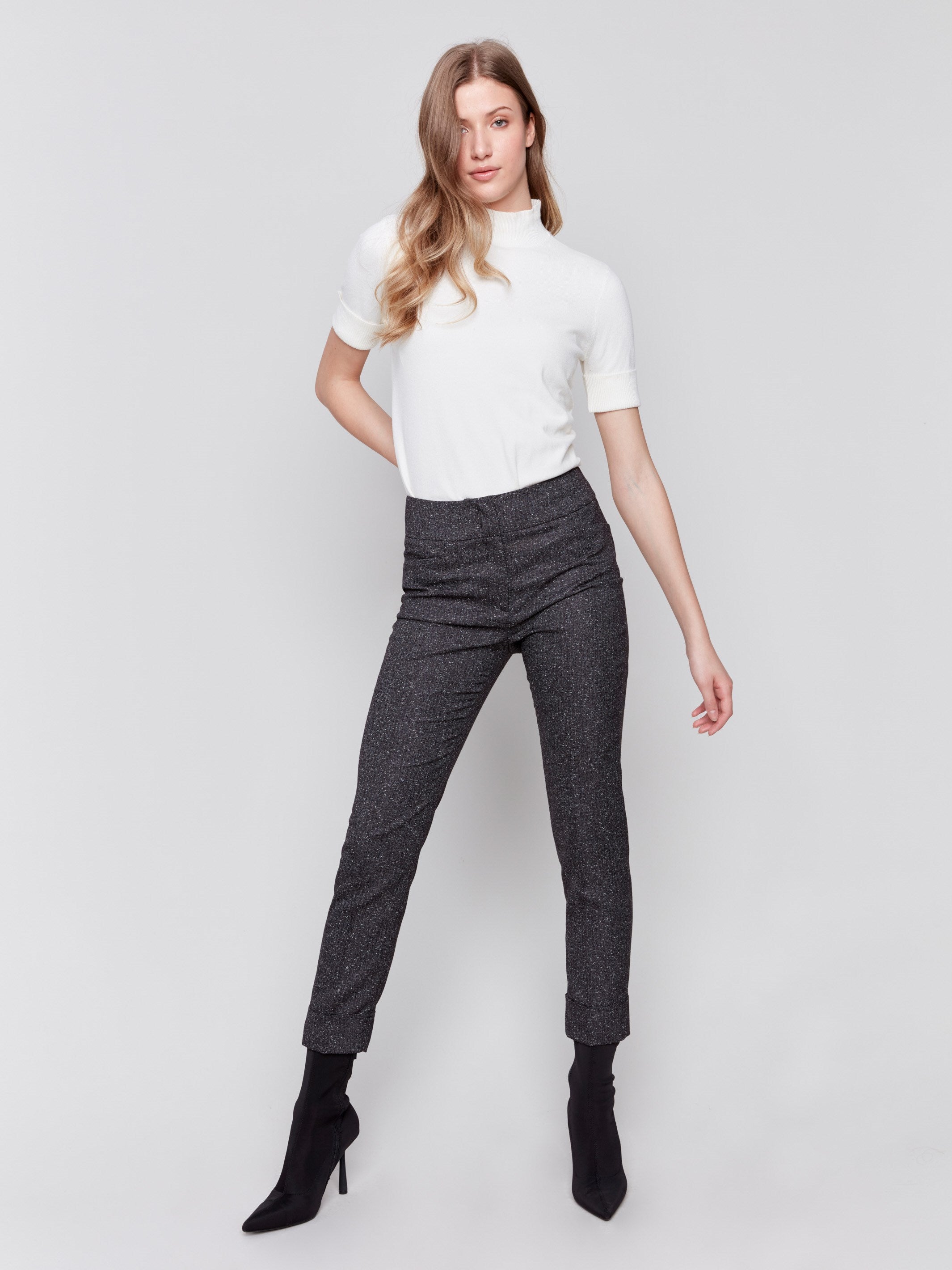 Speckled charcoal slim leg pants with a cuffed hem and a tailored fit by Charlie B.