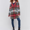 Cranberry red plaid bouclé knit coat with button front and patch pockets by Charlie B.