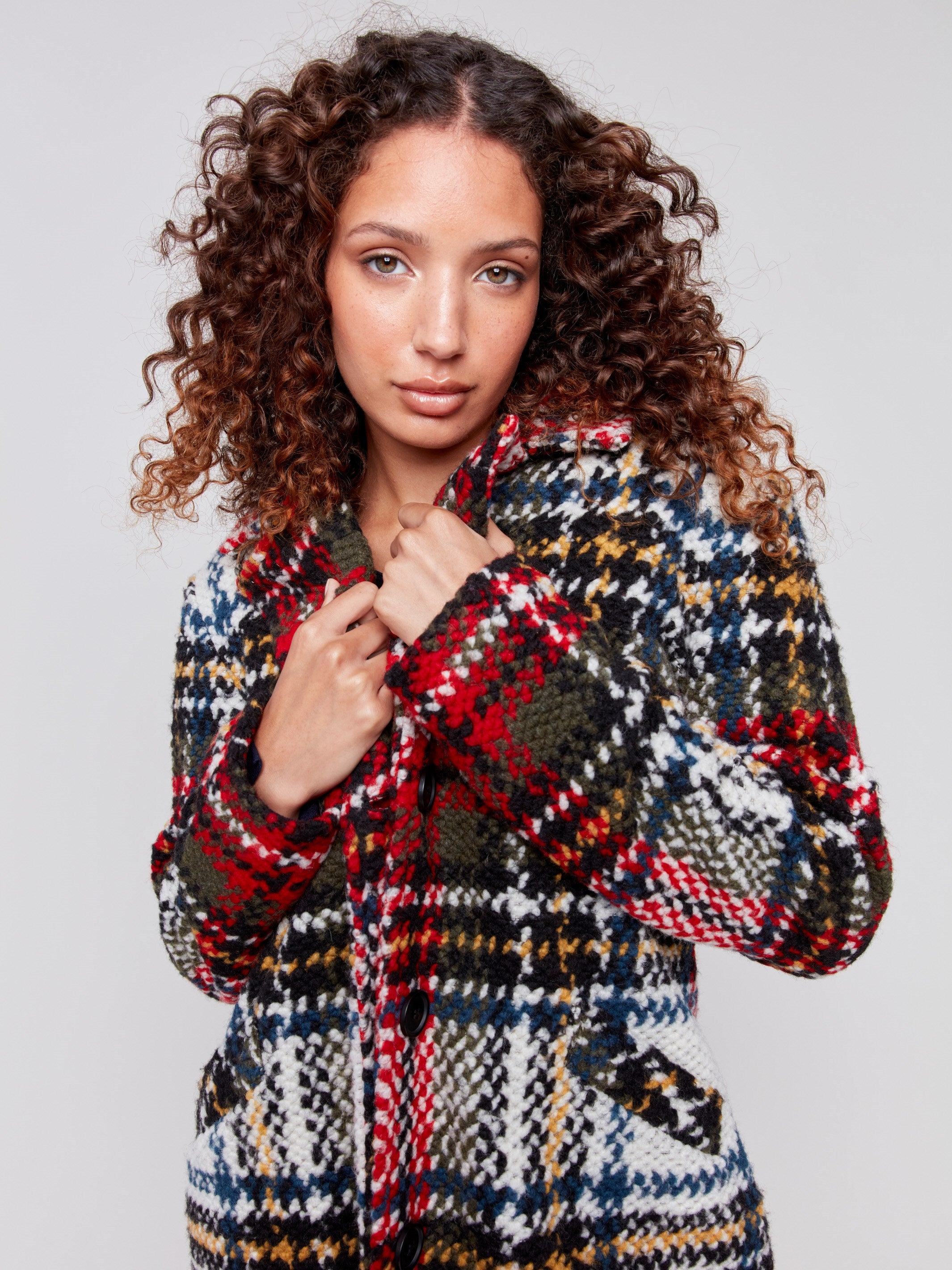 Cranberry red plaid bouclé knit coat with button front and patch pockets by Charlie B.