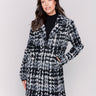 Straight-cut black & white plaid bouclé knit coat with button front closure and patch pockets by Charlie B.