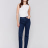 Classic dark blue denim jeans with a straight-leg design, mid-rise, and elastic waistband for women by Charlie B.