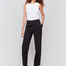 Black straight leg pants for women, featuring a high rise and straight leg fit, with front pockets by Charlie B.