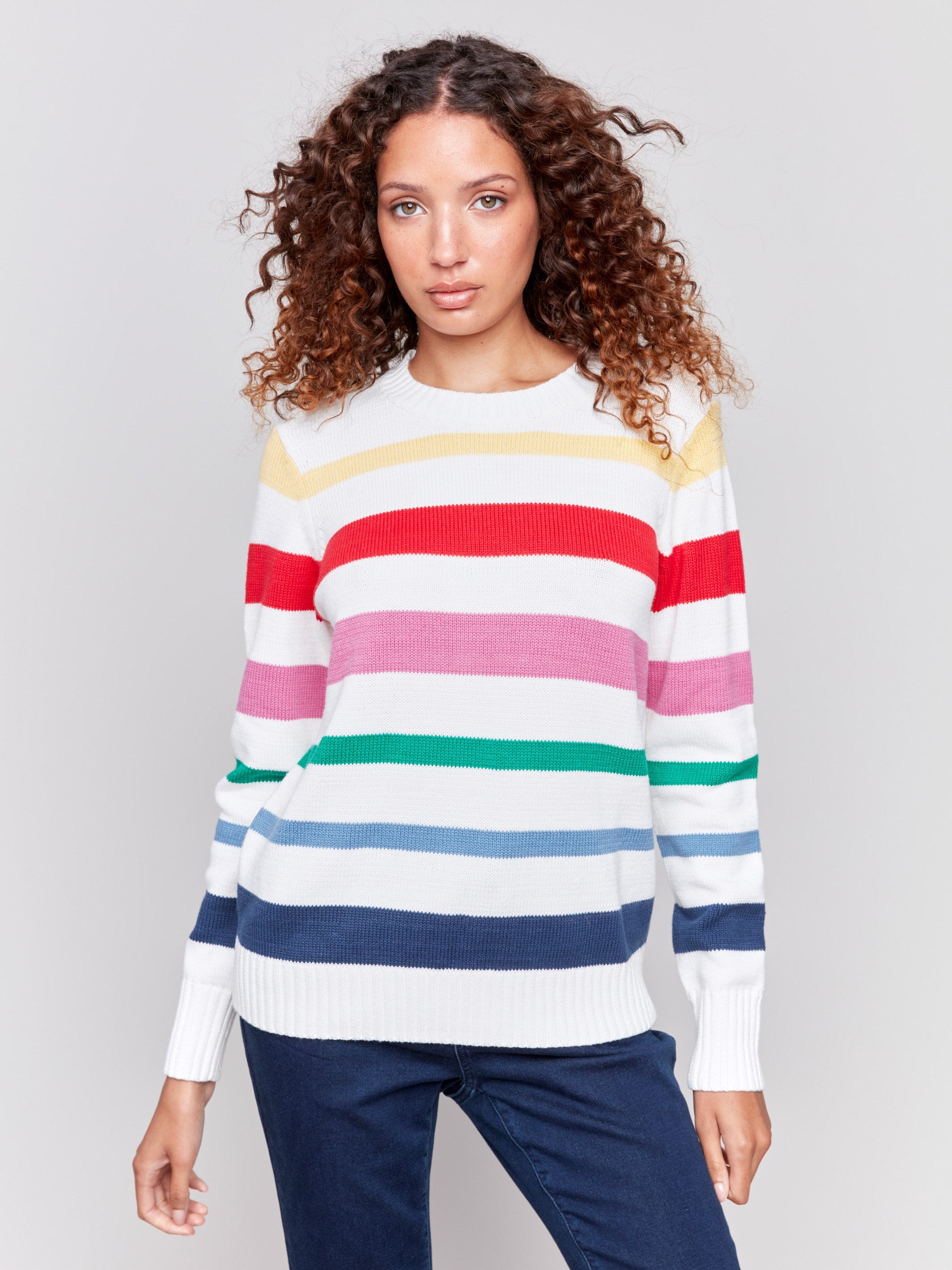 Cozy multicolored striped sweater with long sleeves and a crew neck by Charlie B.