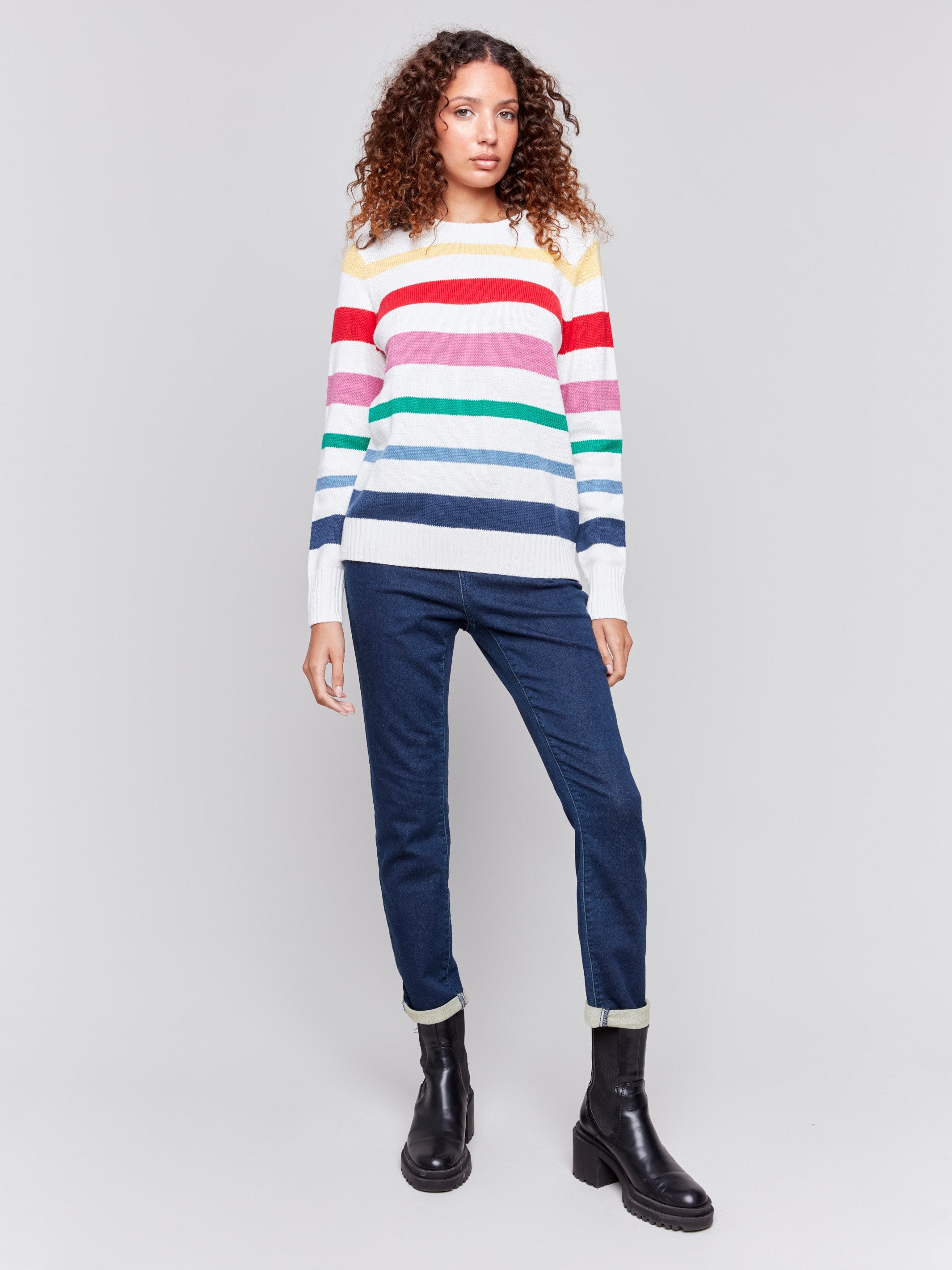 Cozy multicolored striped sweater with long sleeves and a crew neck by Charlie B.