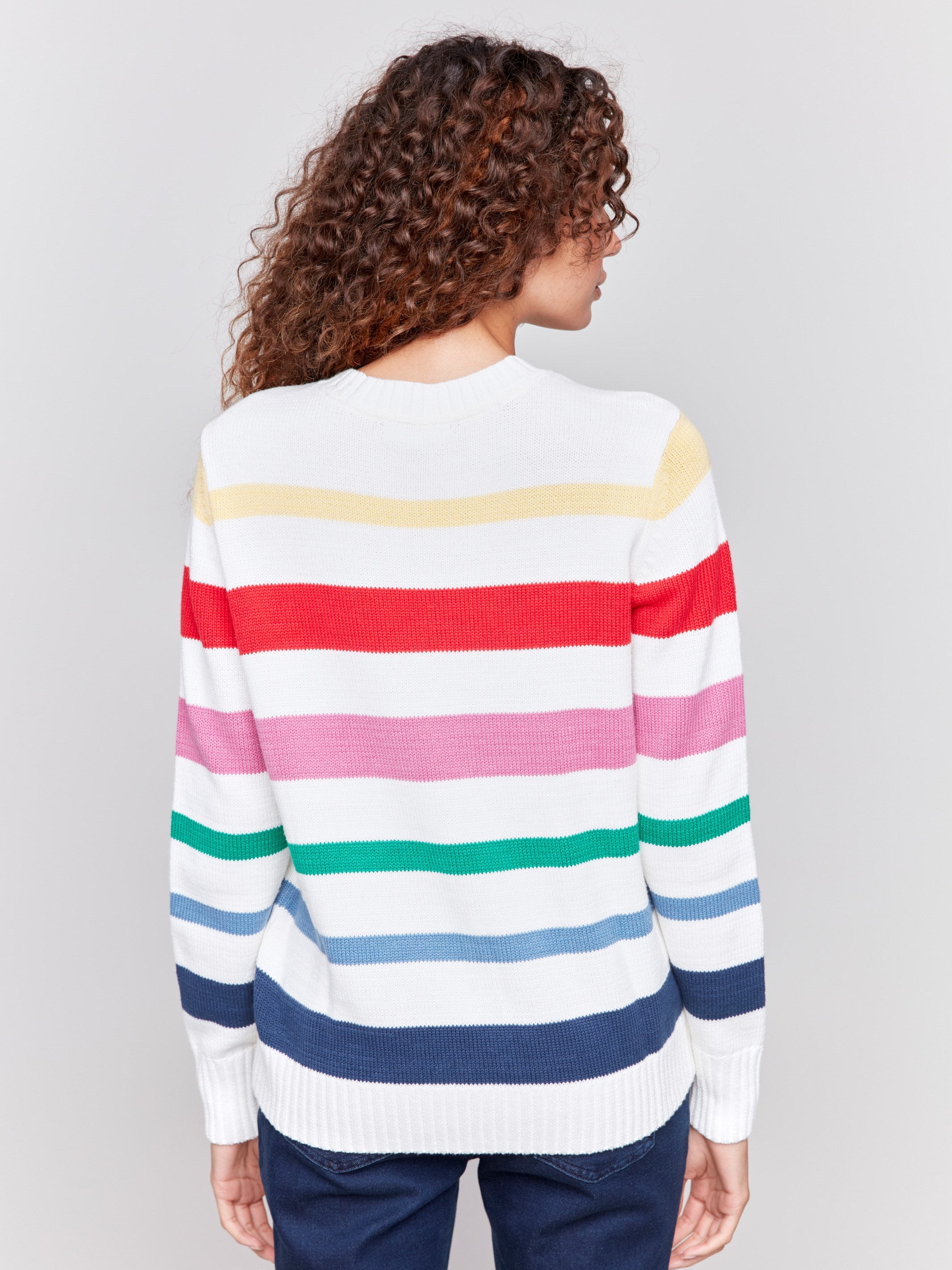 Cozy multicolored striped sweater with long sleeves and a crew neck by Charlie B.