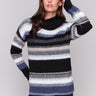 Navy blue striped sweater featuring a cozy cowl neck and made from eyelash yarn by Charlie B.