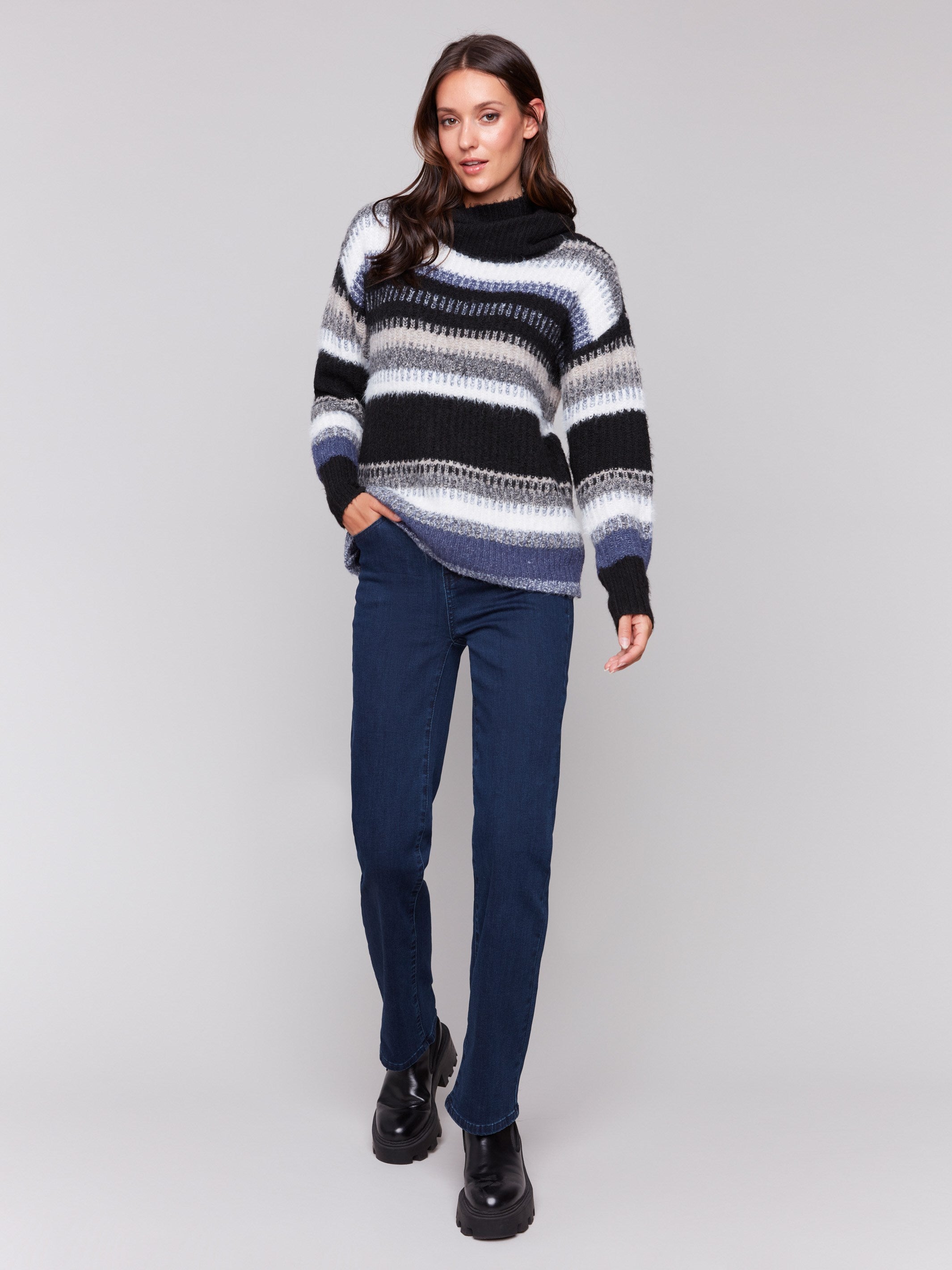 Navy blue striped sweater featuring a cozy cowl neck and made from eyelash yarn by Charlie B.