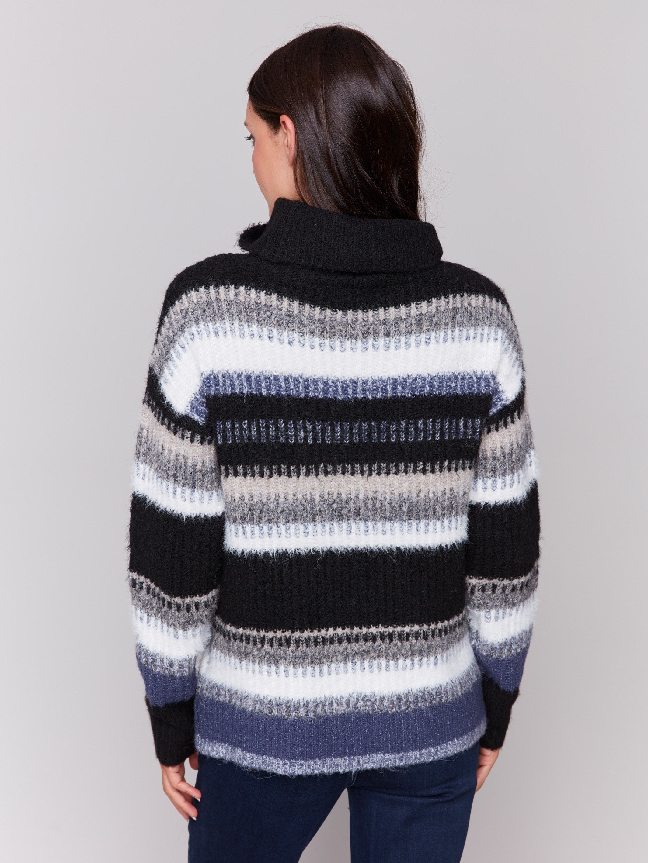 Navy blue striped sweater featuring a cozy cowl neck and made from eyelash yarn by Charlie B.