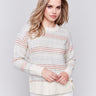 Ecru crew neck striped sweater with pastel stripes and side button detailing by Charlie B.