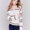 Ecru striped V-neck sweater with brown stripes, long sleeves, and luxurious soft fabric by Charlie B.