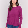 Mulberry long-sleeve sweater with fringed embroidery, featuring a round neckline and ribbed cuffs by Charlie B.