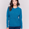 Peacock long-sleeve sweater with fringed embroidery, featuring a round neckline and ribbed cuffs by Charlie B.