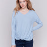 Frost blue long-sleeve sweater with front knot detail and V-neckline by Charlie B.