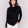 Black round hem sweater with a removable scarf and front pockets by Charlie B.