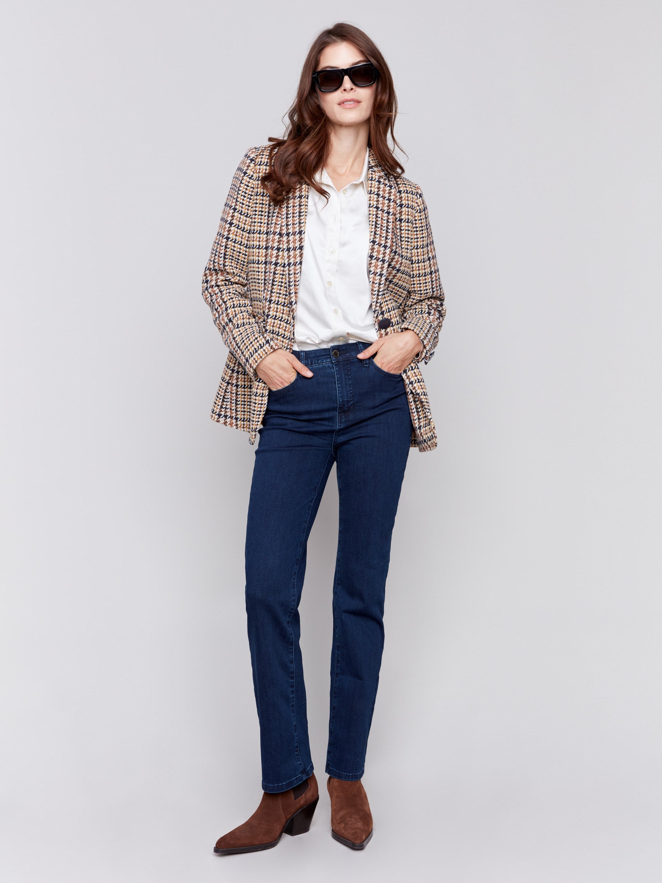 Terracotta plaid blazer with a single-button closure, featuring two front flap pockets by Charlie B.