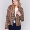 Women's Tweed Perfecto Jacket in navy with side pockets and frayed hem by Charlie B.