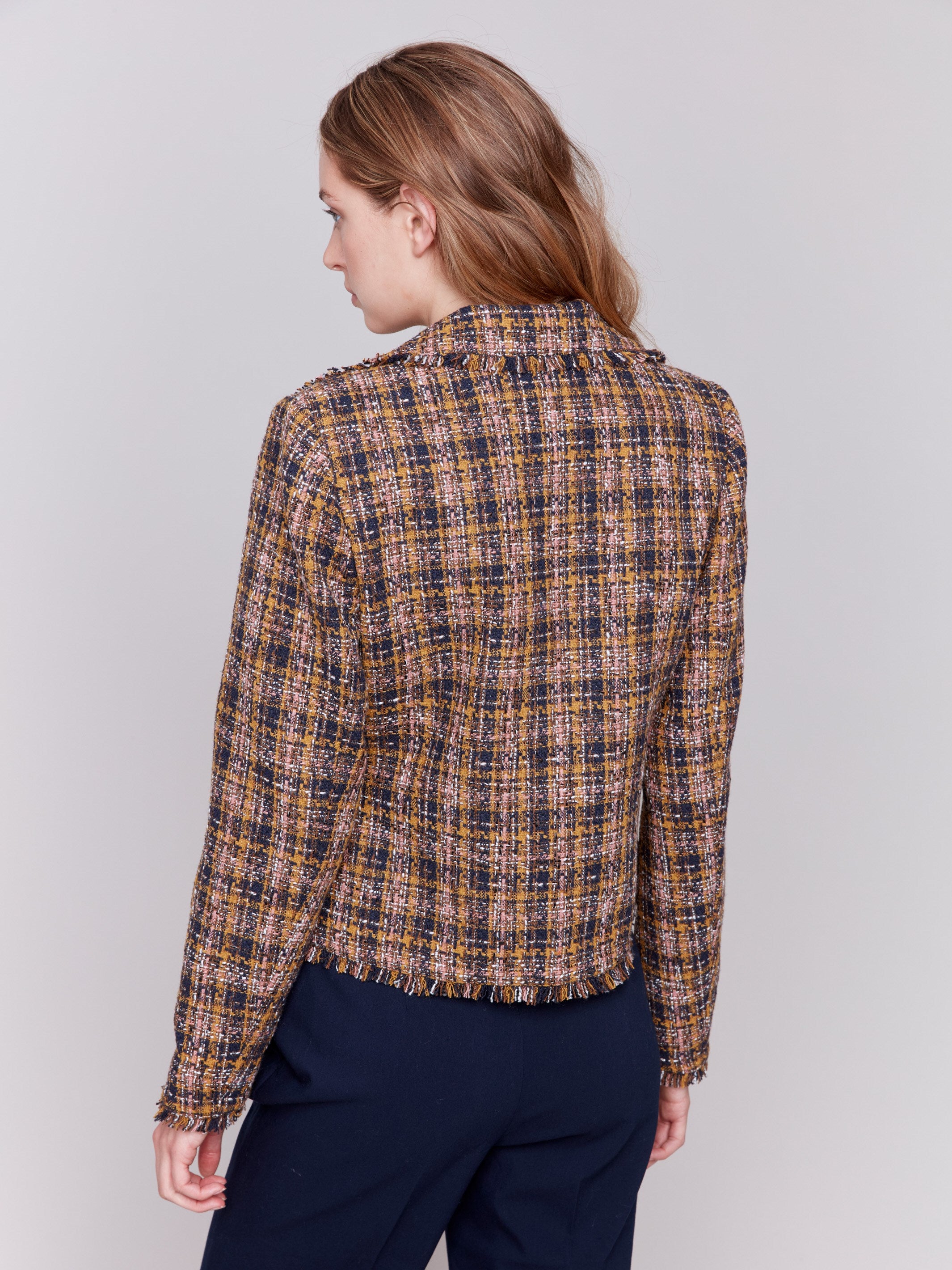 Women's Tweed Perfecto Jacket in navy with side pockets and frayed hem by Charlie B.