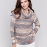 Cozy two-tone cowl-neck sweater with long sleeves and a cable knit design in a blend of light and dark tones by Charlie B.