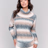 Two-toned cowl neck sweater with cable knit design in Woodrose color by Charlie B.