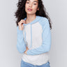 Light blue and white two-toned hoodie sweater with raglan sleeves and hood by Charlie B.